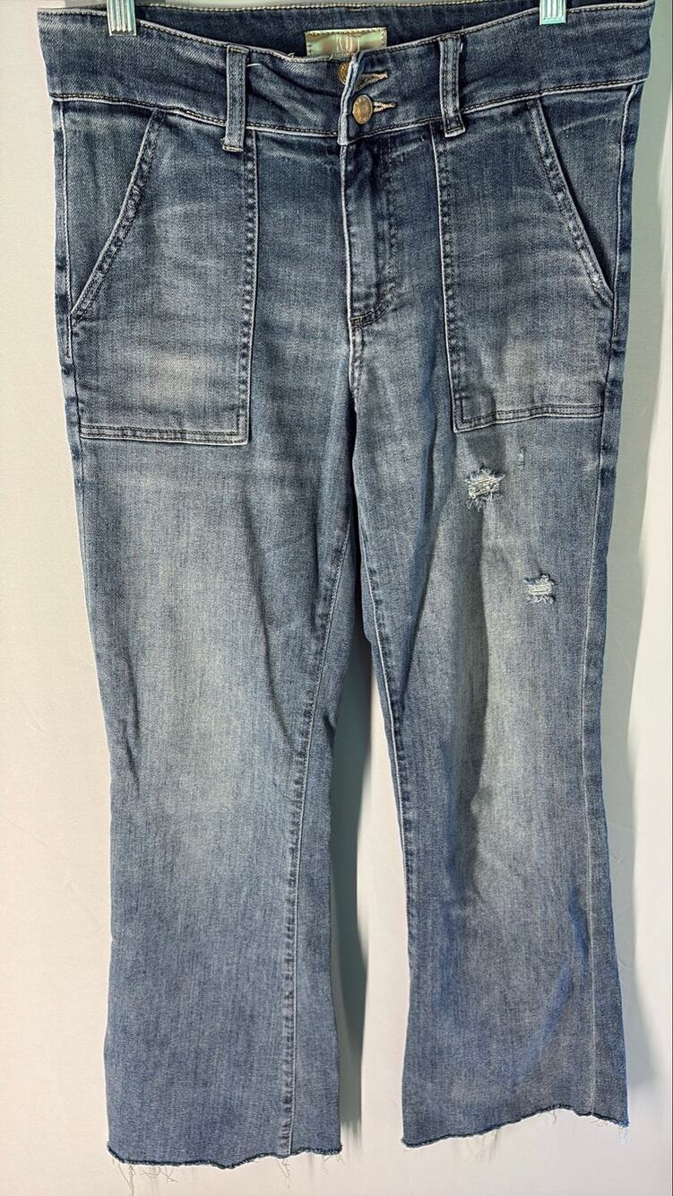 Kut From The Kloth Distressed Utility Flare Jeans Patch Pockets raw hem
